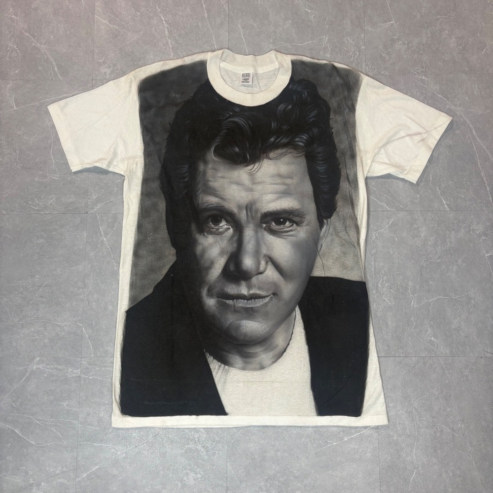 Vintage Bill Blass William Shatner Portrait Graphic T-Shirt White Mens Large
